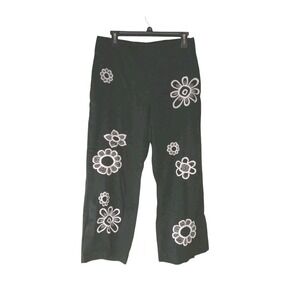 F.L. Malik Womens Cropped‎ Pants Black Embroidered Floral Straight Leg Size 6